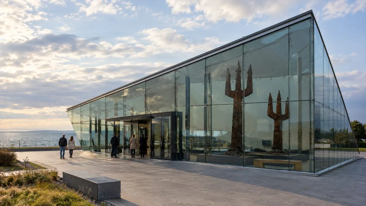 Das gläserne Eingangsgebäude des Museums mit den beiden sichtbaren Stahltridenten im Inneren