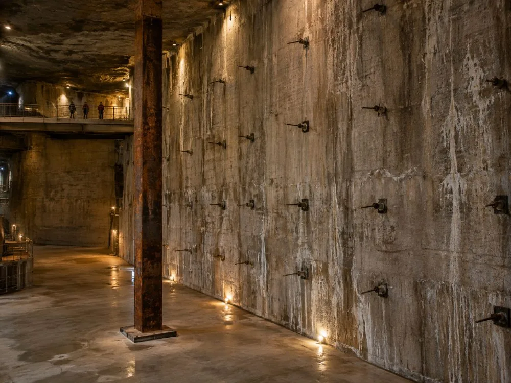 Une vaste salle souterraine avec un mur de barbotine en béton apparent et une seule colonne en acier debout