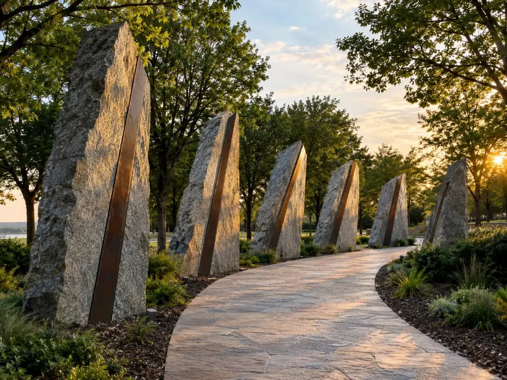 Un chemin en pierre avec six monolithes en granit parmi les arbres
