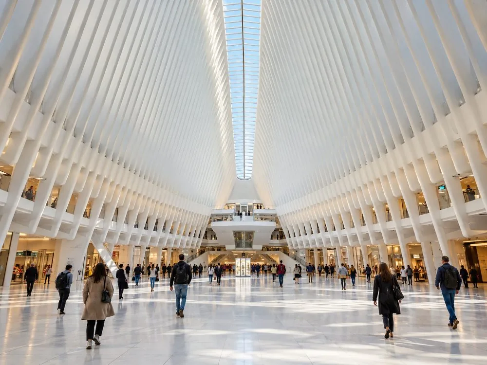 Les côtes blanches de la salle de transit Oculus vues depuis le sol