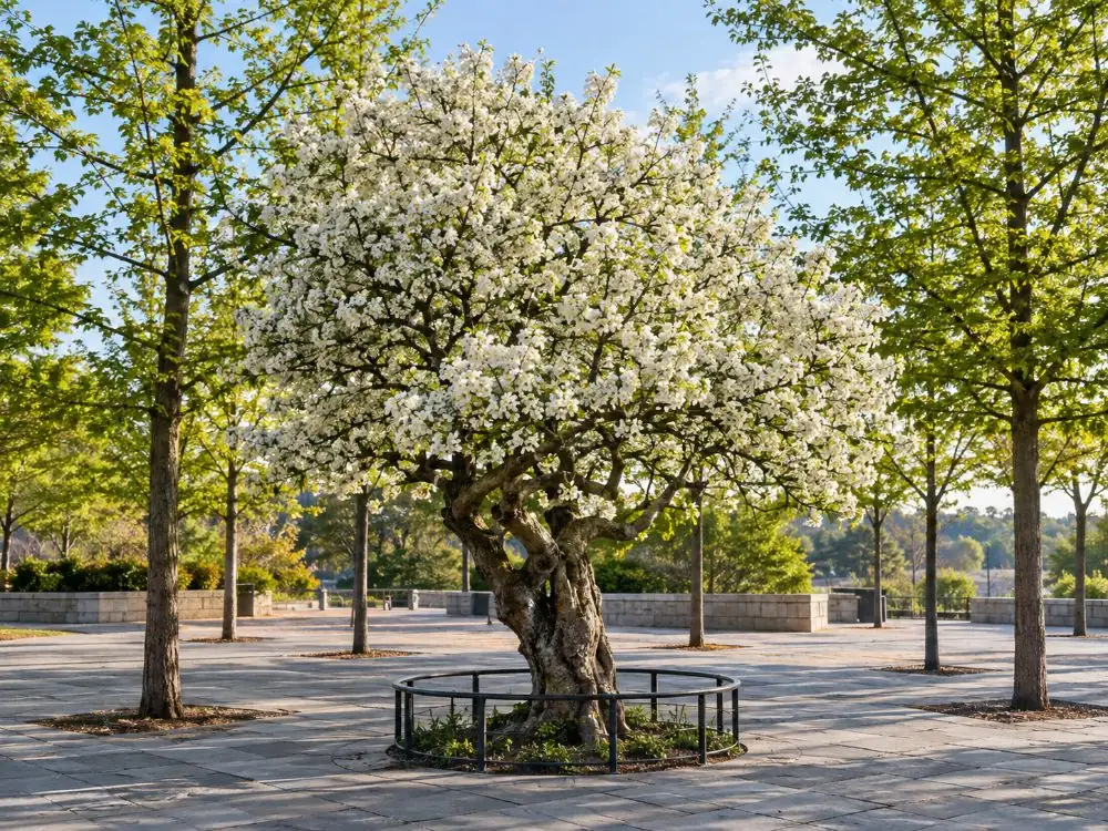Un poirier en fleurs parmi les chênes sur la place du mémorial